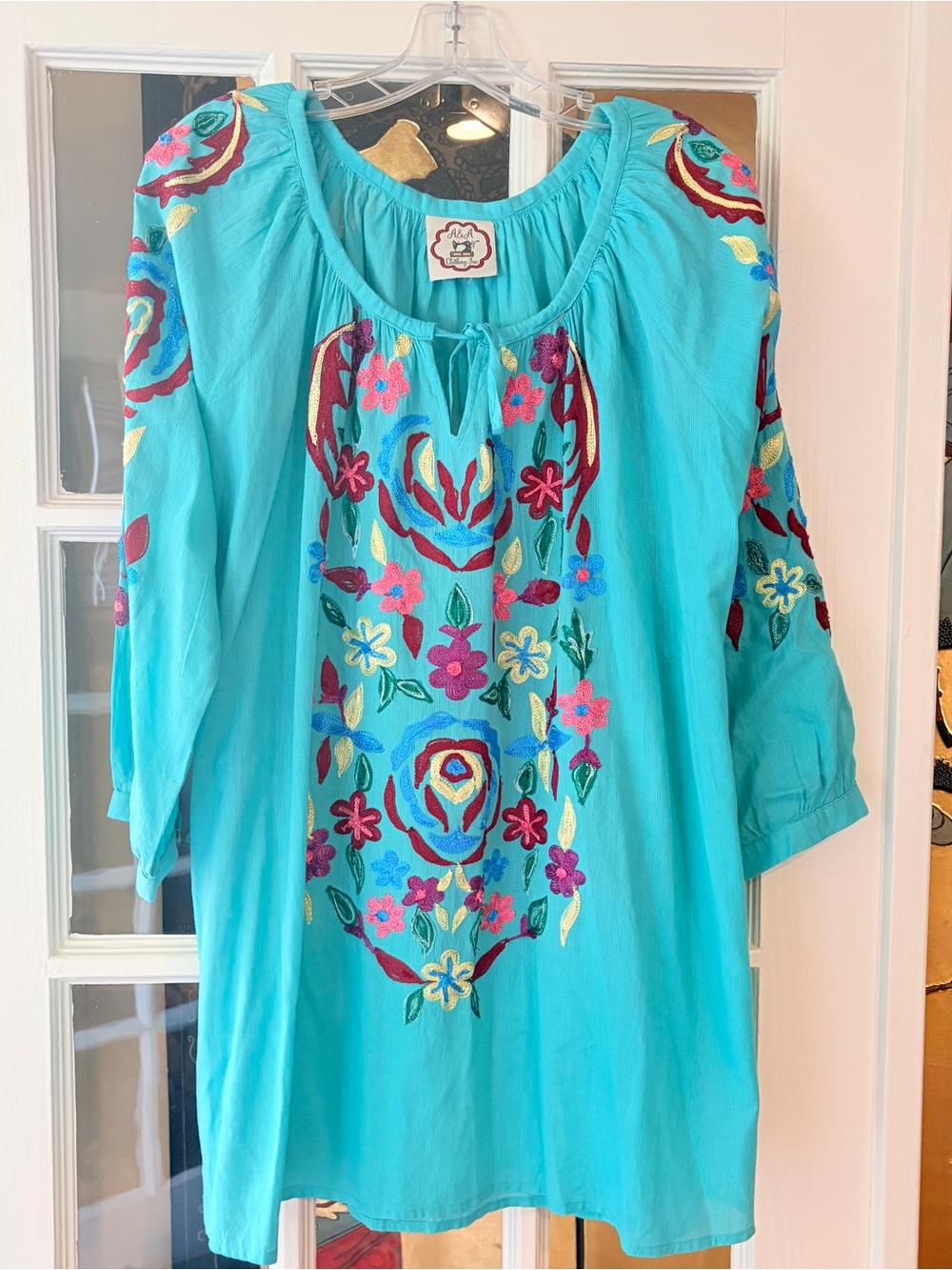 A&A Clothing Boho Floral Embroidered Blue Peasant Tunic Blouse Top Flowy SZ XL
